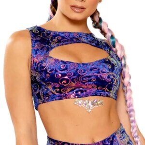 Vintage Valentine Blue Sequin Embroidered Velvet Rave Crop Top
